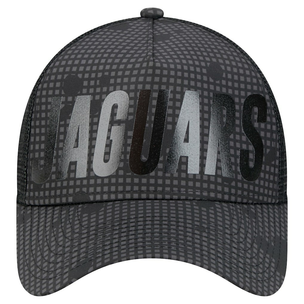 Jacksonville Jaguars New Era Midnight Ink Tonal Text A-Frame Trucker 9FORTY Adjustable Hat - Black for sale