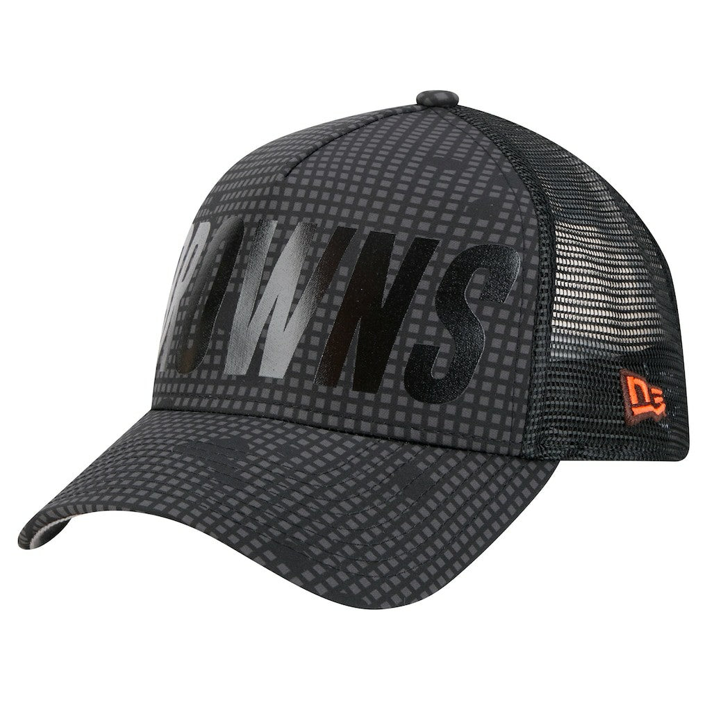 Cleveland Browns New Era Throwback Midnight Ink Tonal Text A-Frame Trucker 9FORTY Adjustable Hat - Black for sale