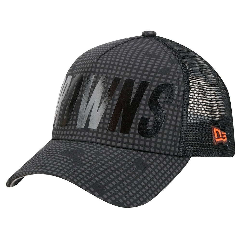 Cleveland Browns New Era Throwback Midnight Ink Tonal Text A-Frame Trucker 9FORTY Adjustable Hat - Black for sale