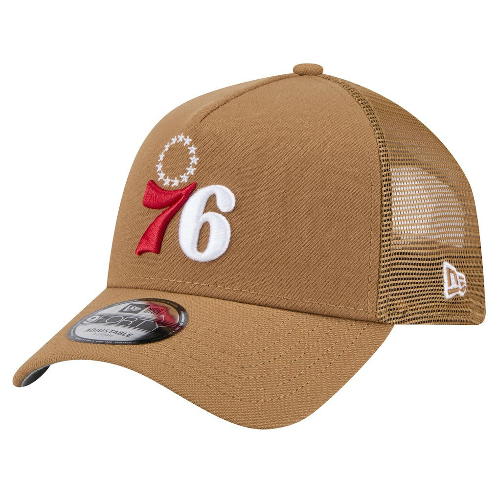 Philadelphia 76ers 9FORTY A-Frame Trucker Adjustable Hat - Tan | New Era cheap