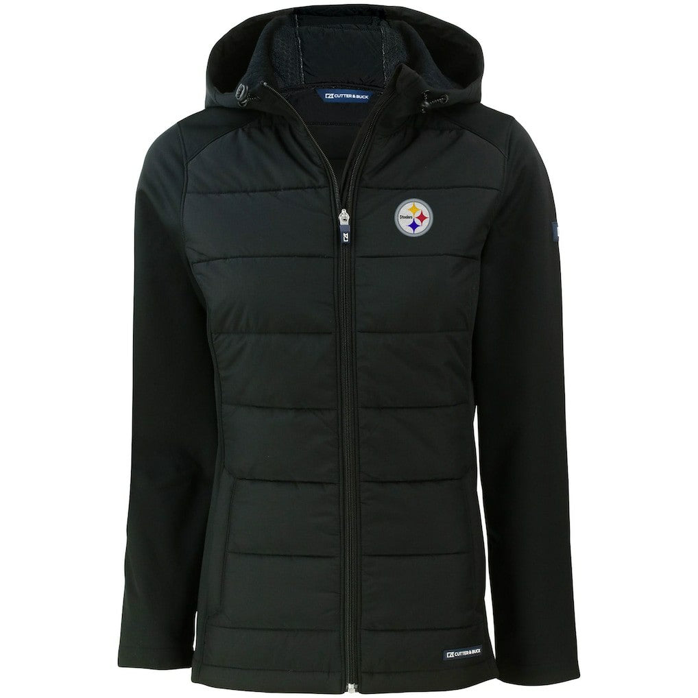 Pittsburgh Steelers Cutter & Buck Women's Evoke PrimaLoft Hybrid Eco Softshell Recycled Full-Zip Hooded Jacket - Black sale