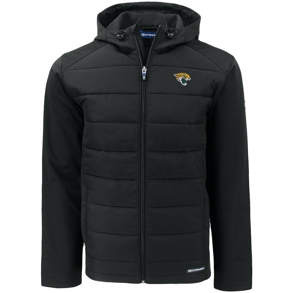 Jacksonville Jaguars Cutter & Buck Evoke PrimaLoft Hybrid Eco Softshell Recycled Full-Zip Hooded Jacket - Black for sale