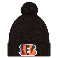 Cincinnati Bengals New Era Girls Youth Cabled Cuffed Knit Hat with Pom - Black for sale