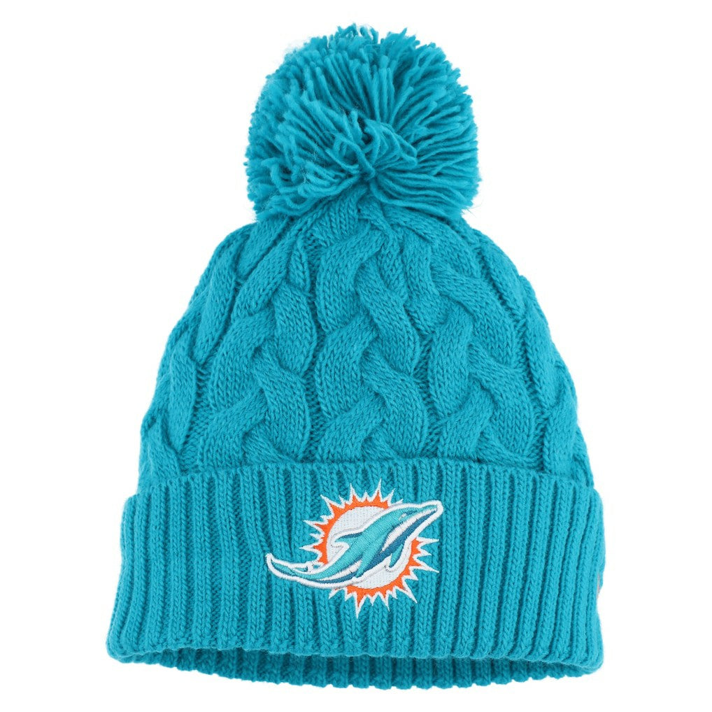 Miami Dolphins New Era Girls Youth Cabled Cuffed Knit Hat with Pom - Aqua for sale