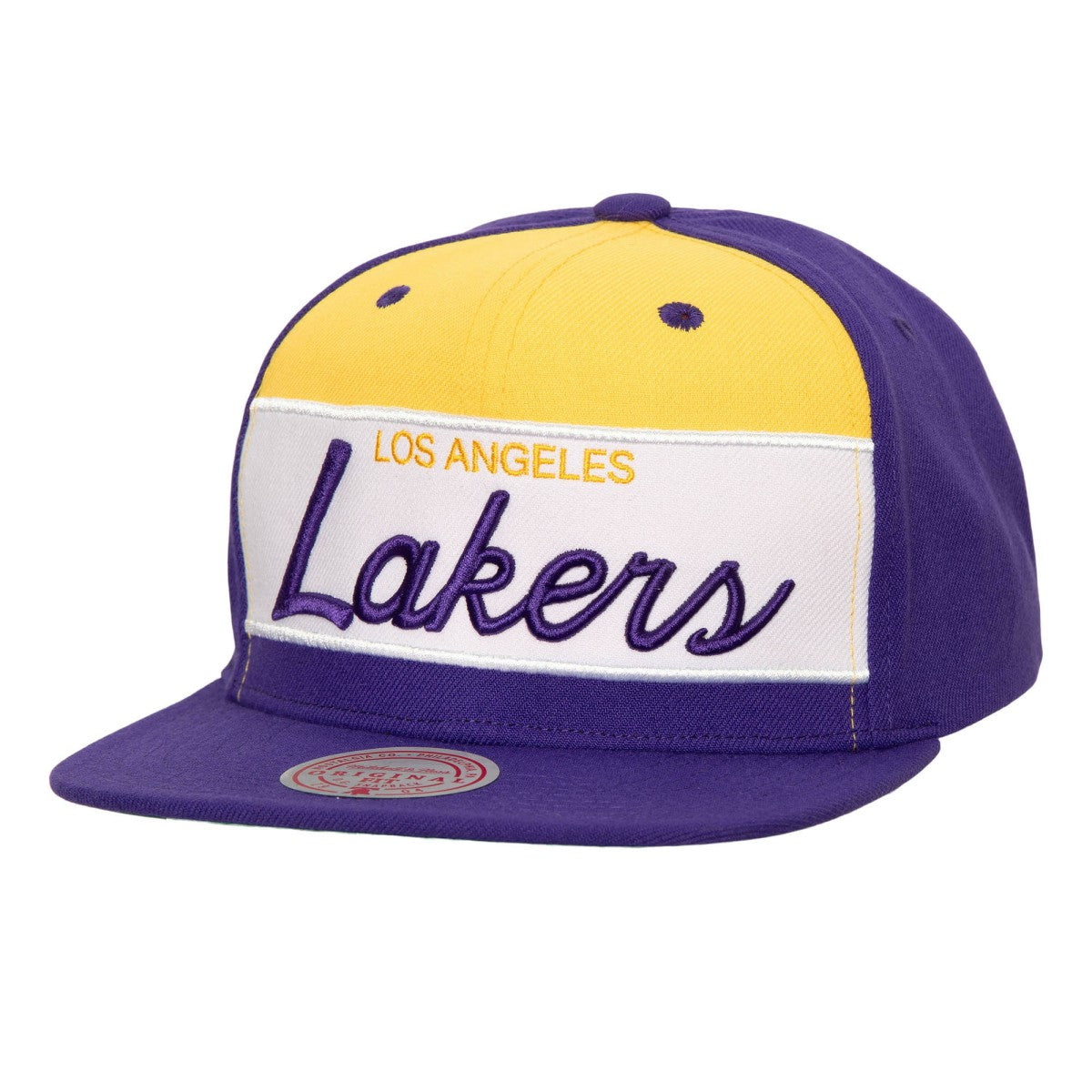 Los Angeles Lakers Retro Sport Color Block Script Snapback Hat - White/Purple | Mitchell & Ness shop