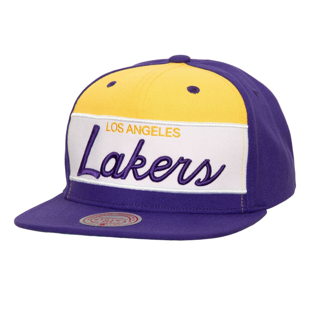 Los Angeles Lakers Retro Sport Color Block Script Snapback Hat - White/Purple | Mitchell & Ness shop