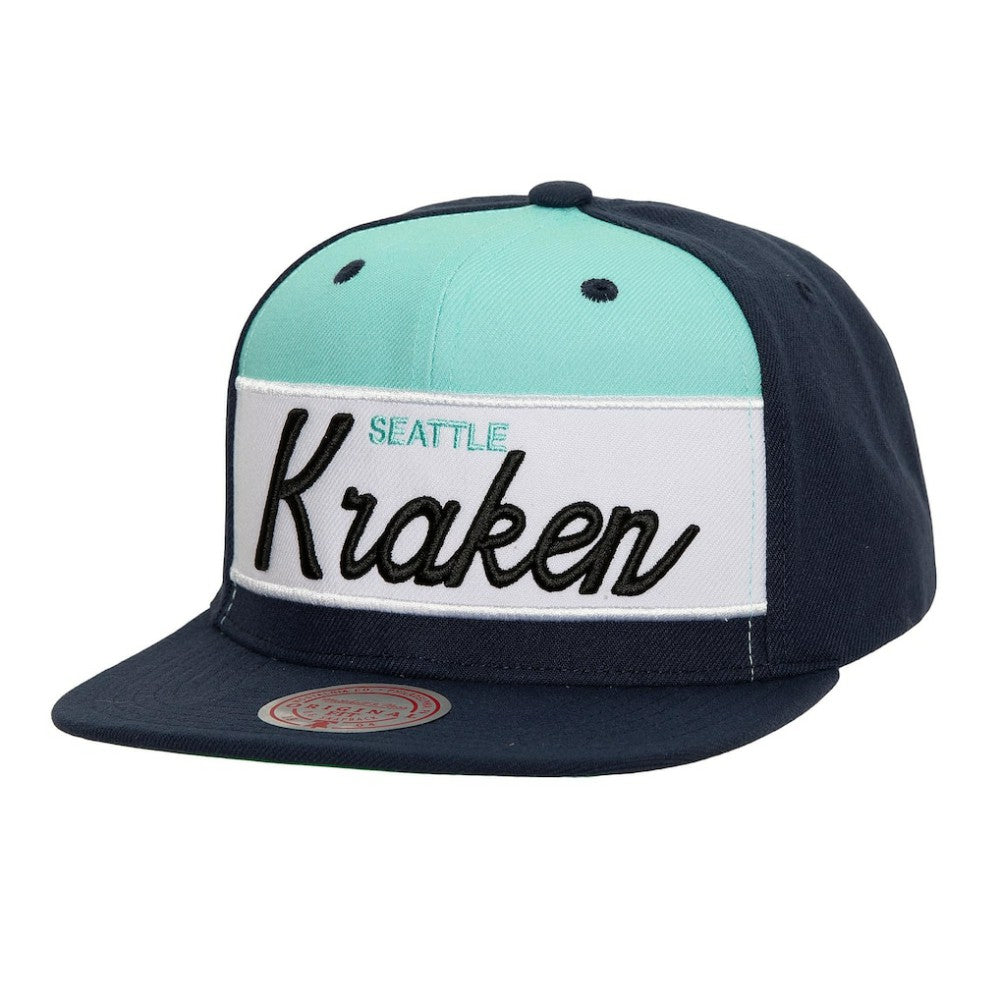 Seattle Kraken Mitchell & Ness Retro Script Colorblock Snapback Hat Deep Sea Blue