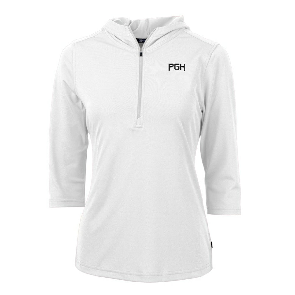 Pittsburgh Pirates Cutter & Buck Women's City Connect Virtue Eco Pique Half-Zip 3/4 Sleeve Pullover Hoodie - White