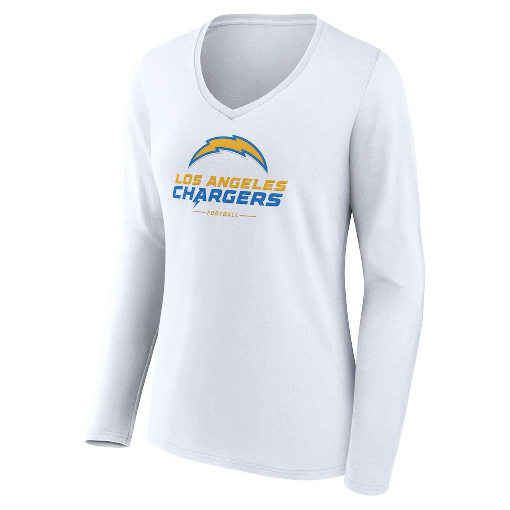 Los Angeles Chargers Women's Team Lockup Long Sleeve V-Neck T-Shirt - White on sale