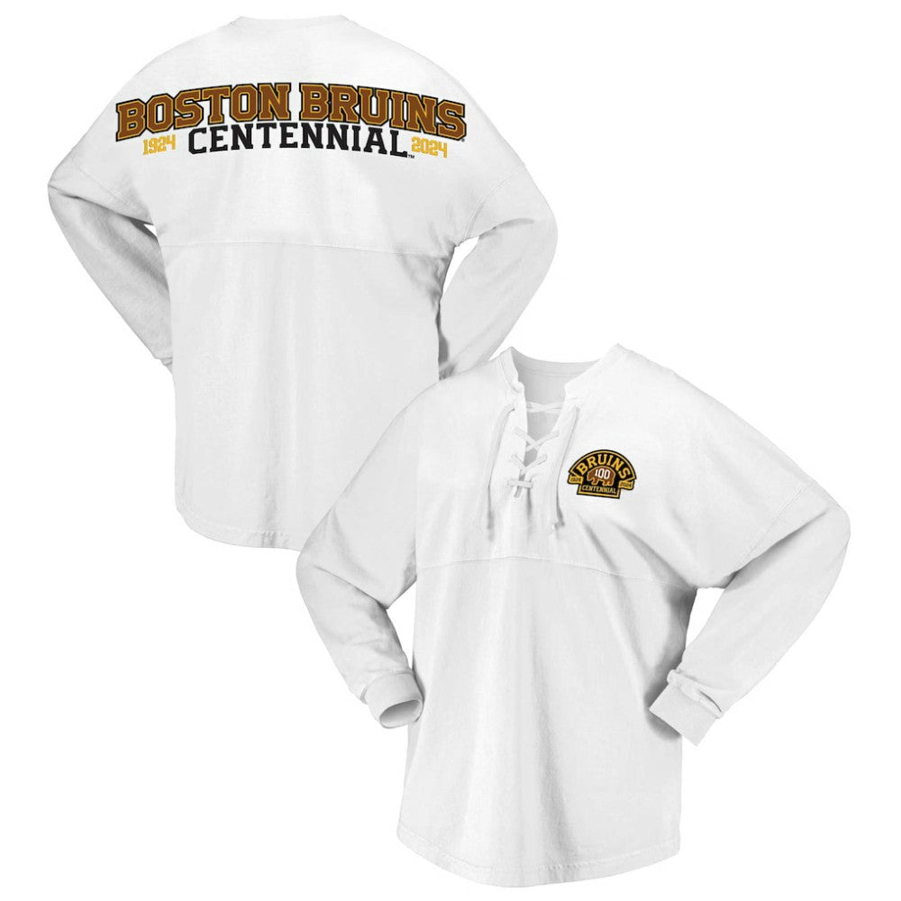 Boston Bruins Fanatics Women's 100th Anniversary Spirit Jersey T-Shirt White
