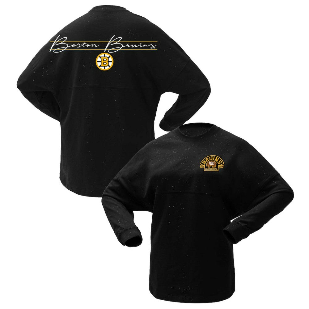 Boston Bruins Fanatics Women's 100th Anniversary Sparkle Spirit Jersey T-Shirt Black