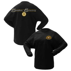 Boston Bruins Fanatics Women's 100th Anniversary Sparkle Spirit Jersey T-Shirt Black