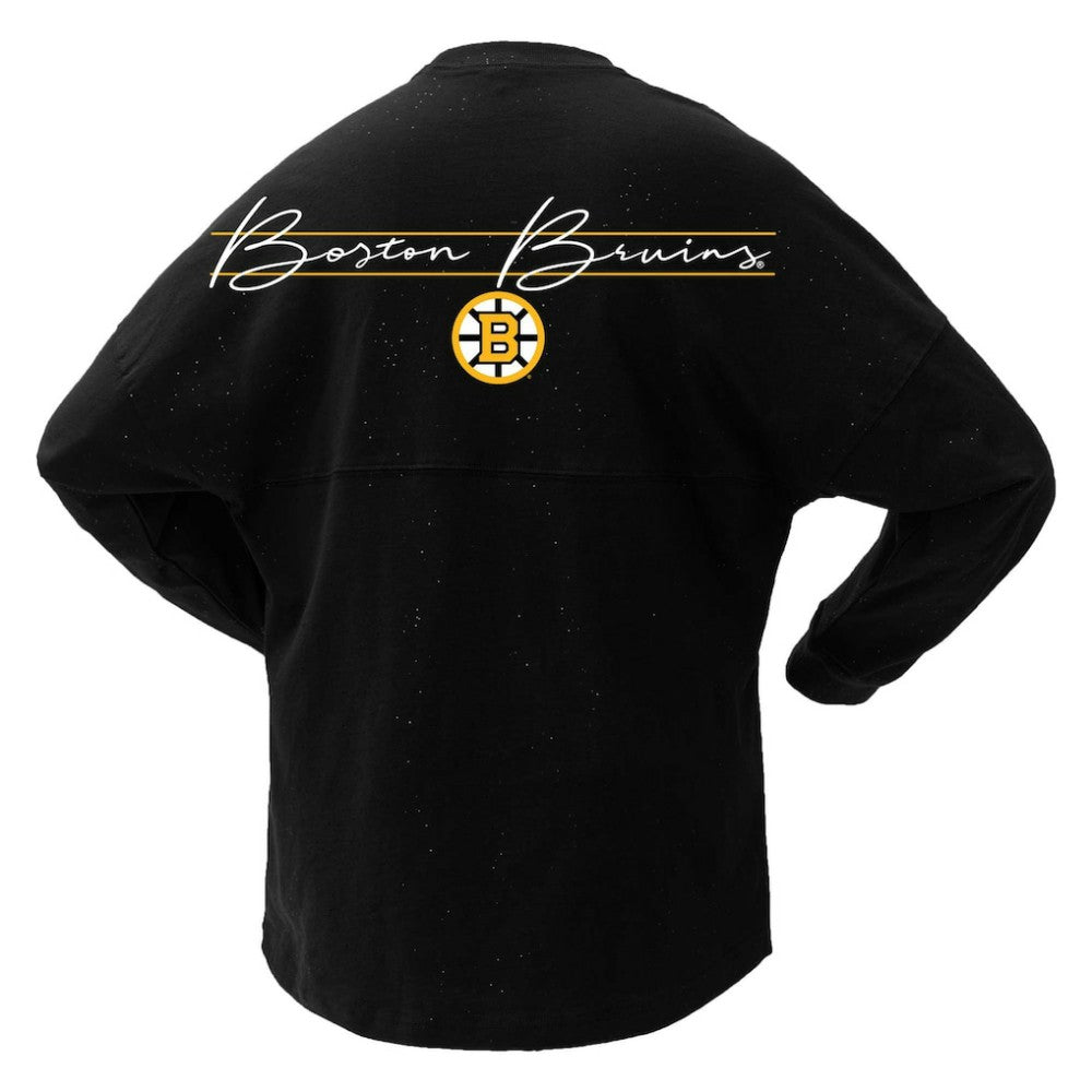Boston Bruins Fanatics Women's 100th Anniversary Sparkle Spirit Jersey T-Shirt Black