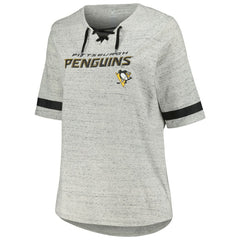 Pittsburgh Penguins Fanatics Women's Plus Size Lace-Up T-Shirt Heather Gray