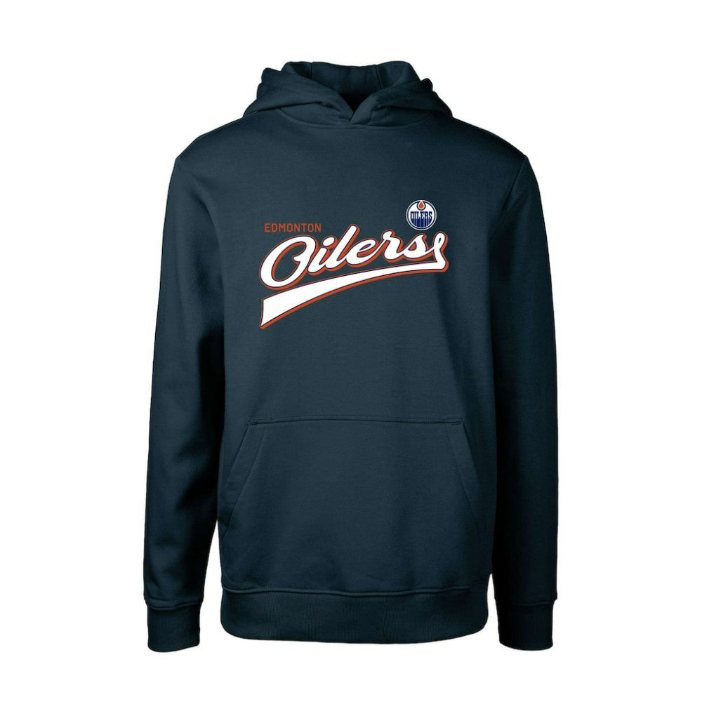 Edmonton Oilers Levelwear Youth Podium Retro Script Fleece Pullover Hoodie Navy
