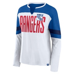 New York Rangers Fanatics Women's Frozen Long Sleeve Notch Neck T-Shirt White/Blue