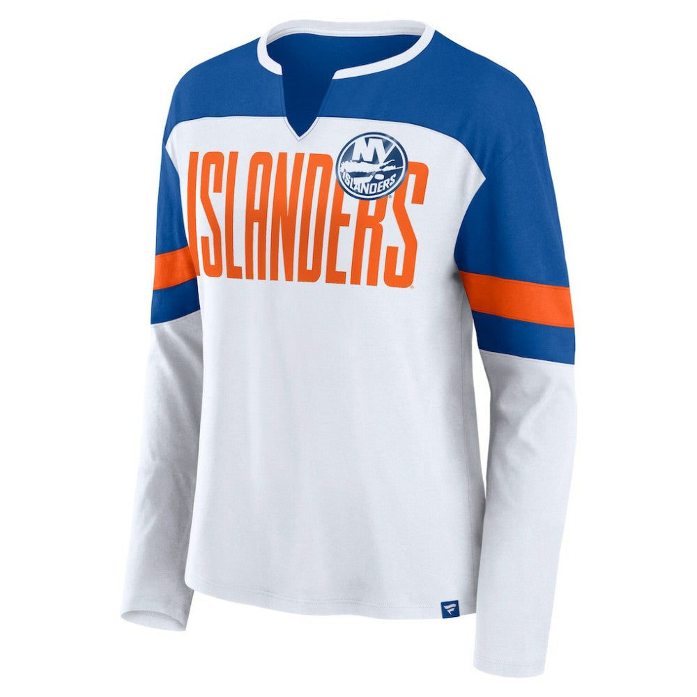 New York Islanders Fanatics Women's Frozen Long Sleeve Notch Neck T-Shirt White/Royal