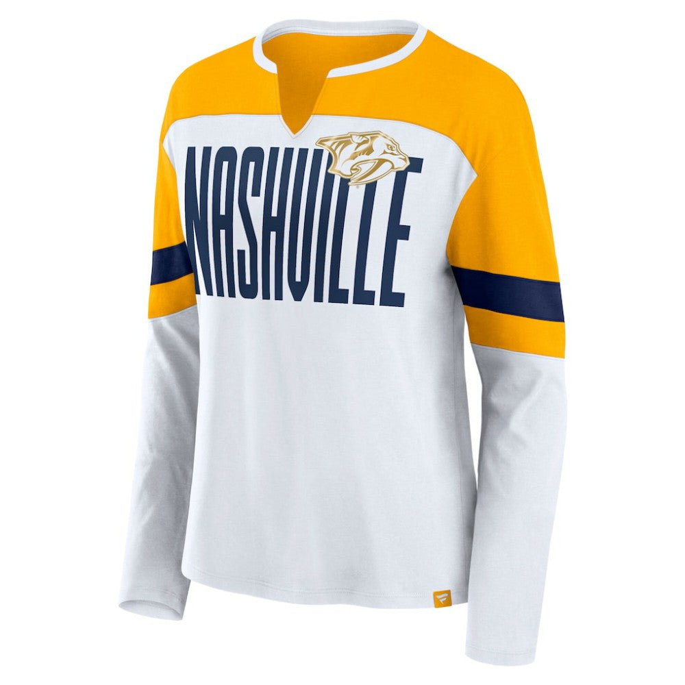 Nashville Predators Fanatics Women's Frozen Long Sleeve Notch Neck T-Shirt White/Gold