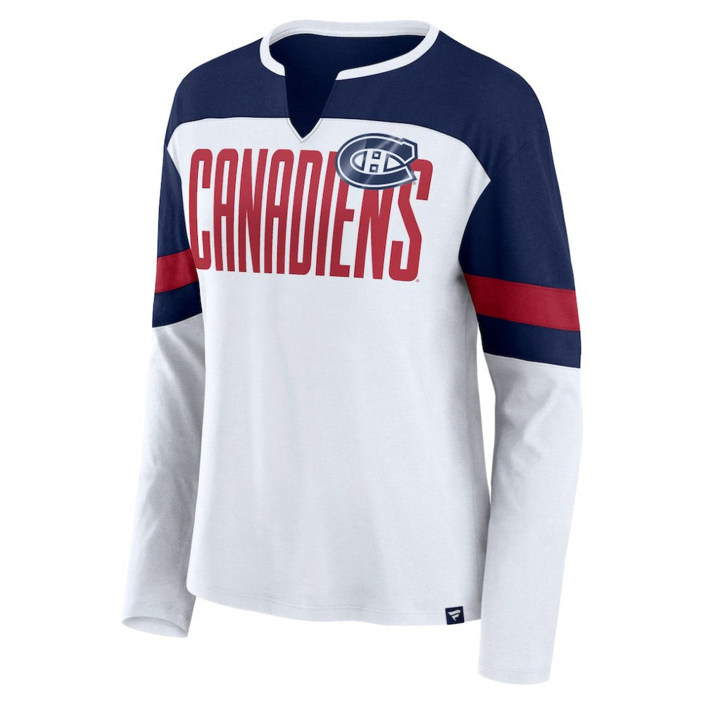 Montreal Canadiens Fanatics Women's Frozen Long Sleeve Notch Neck T-Shirt White/Navy