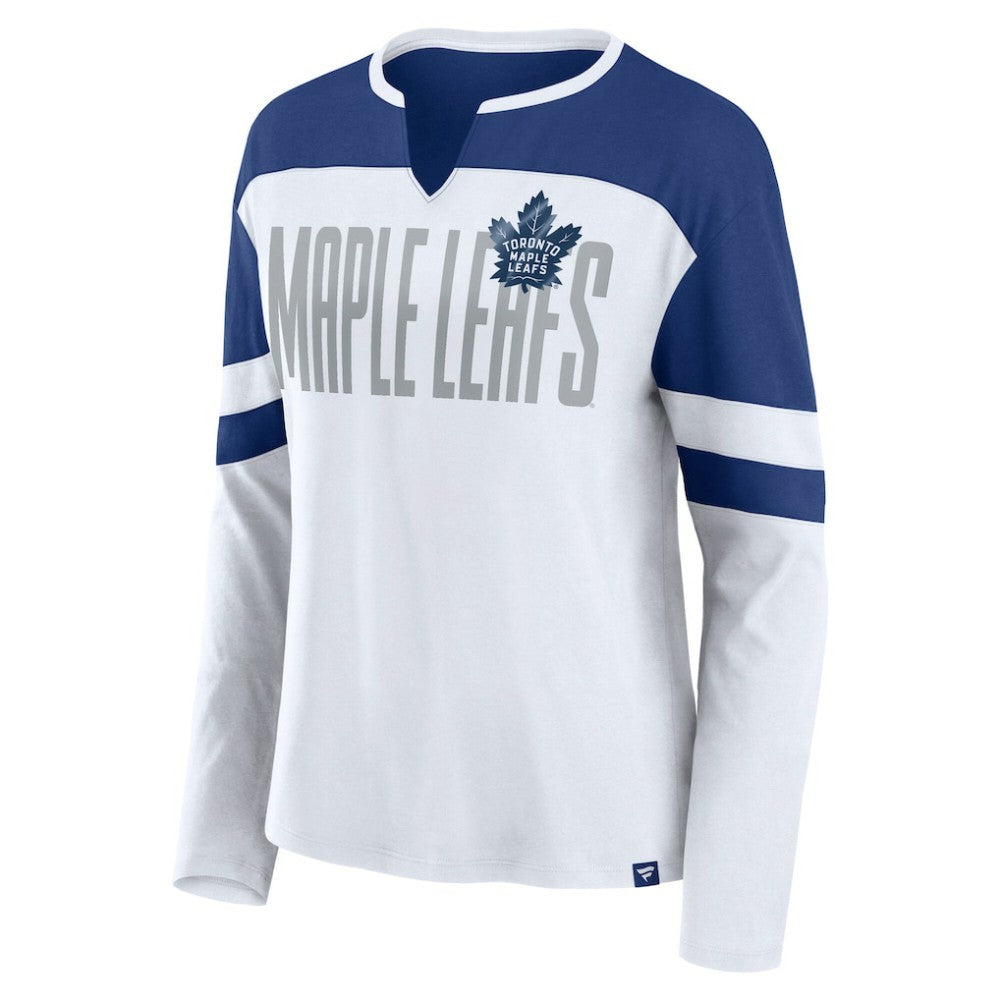 Toronto Maple Leafs Fanatics Women's Frozen Long Sleeve Notch Neck T-Shirt White/Blue