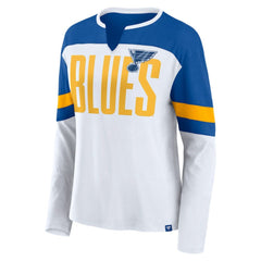 St. Louis Blues Fanatics Women's Frozen Long Sleeve Notch Neck T-Shirt White/Blue