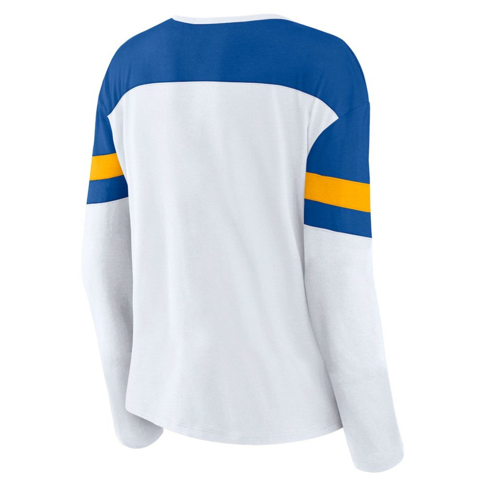 St. Louis Blues Fanatics Women's Frozen Long Sleeve Notch Neck T-Shirt White/Blue