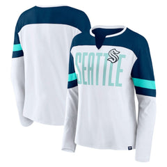Seattle Kraken Fanatics Women's Frozen Long Sleeve Notch Neck T-Shirt White/Deep Sea Blue