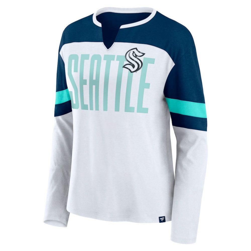 Seattle Kraken Fanatics Women's Frozen Long Sleeve Notch Neck T-Shirt White/Deep Sea Blue