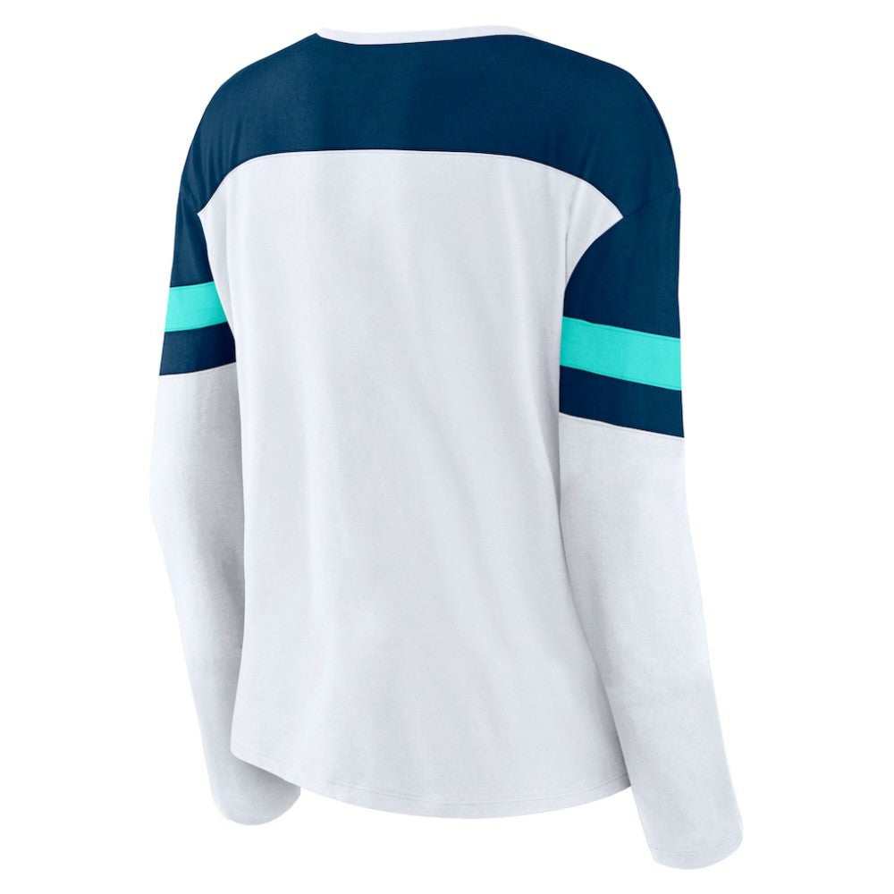Seattle Kraken Fanatics Women's Frozen Long Sleeve Notch Neck T-Shirt White/Deep Sea Blue