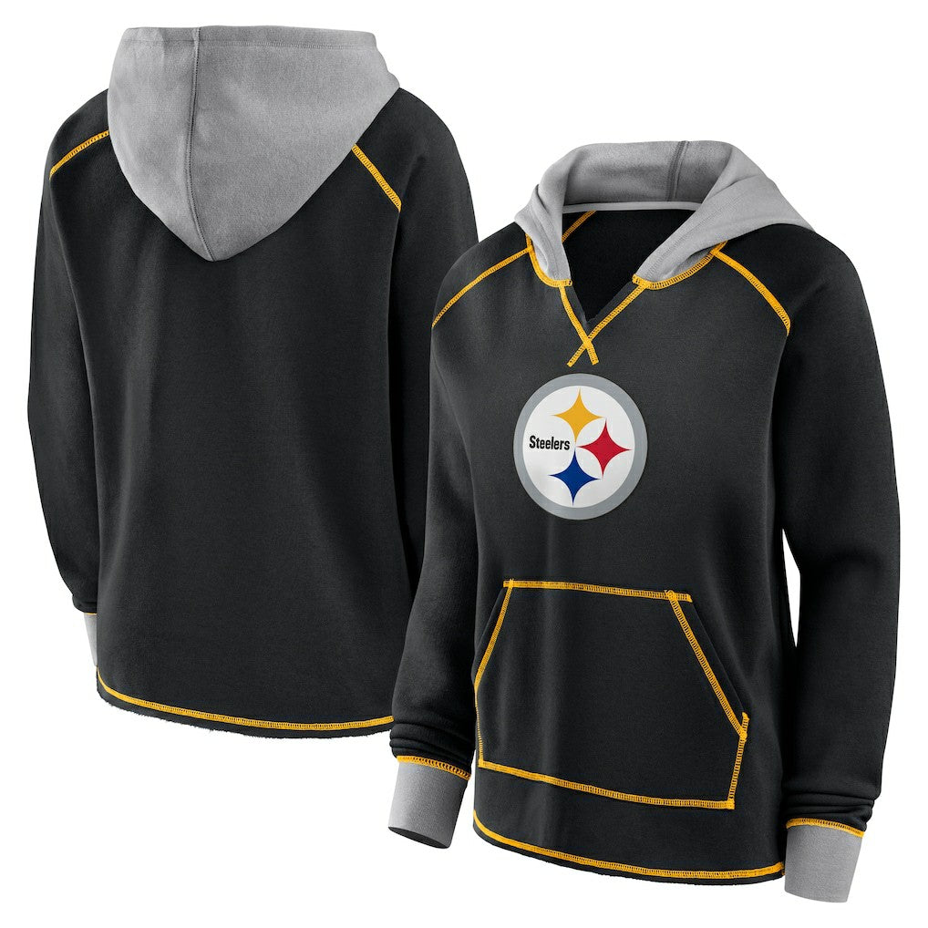 Pittsburgh Steelers Logo Athletic Women's Boom Fleece Pullover V-Neck Hoodie - Black outlet