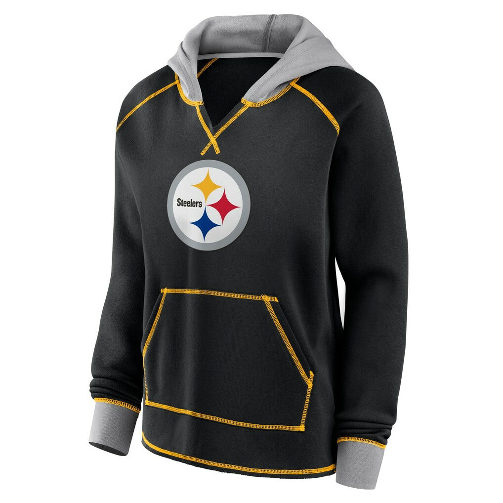 Pittsburgh Steelers Logo Athletic Women's Boom Fleece Pullover V-Neck Hoodie - Black outlet