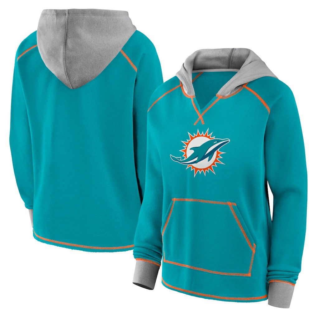 Miami Dolphins Logo Athletic Women's Boom Fleece Pullover V-Neck Hoodie - Aqua sale