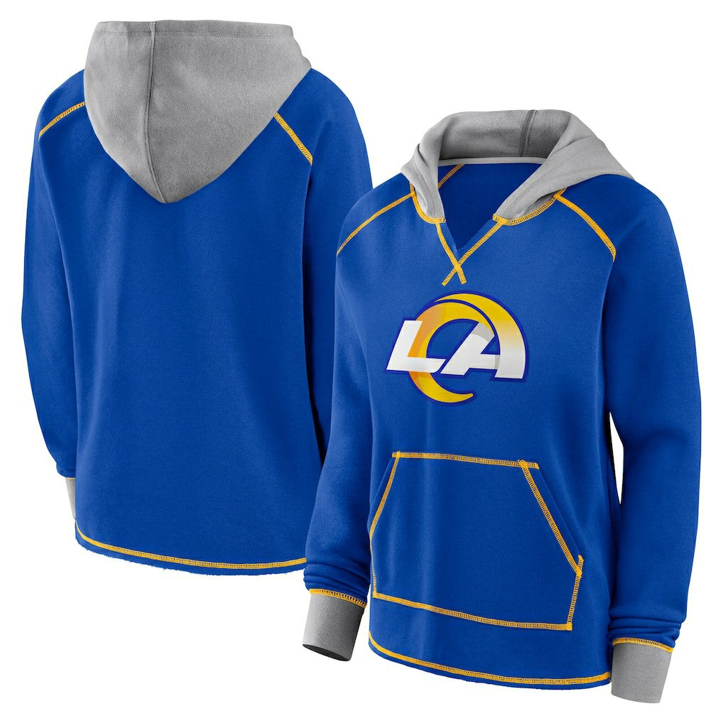 Los Angeles Rams Logo Athletic Women's Boom Fleece Pullover V-Neck Hoodie - Royal discount