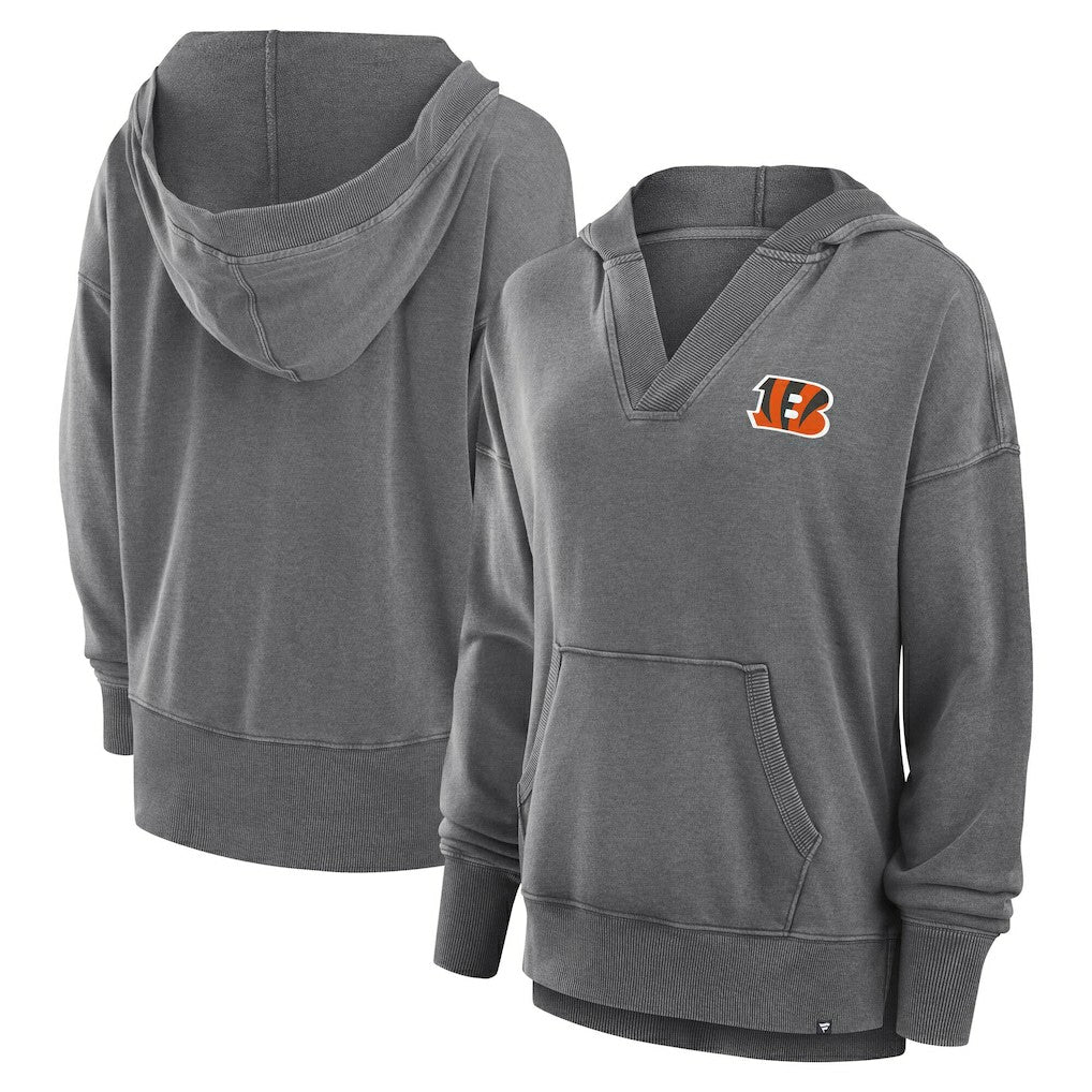 Cincinnati Bengals Women's Initiative Snow Wash French Terry V-Neck Pullover Hoodie - Heather Charcoal for sale