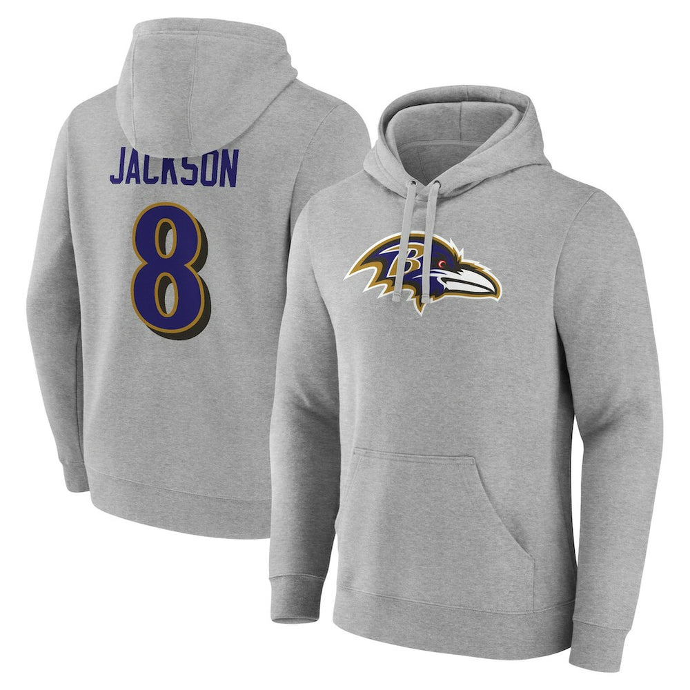 Lamar Jackson Baltimore Ravens Icon Player Name & Number Pullover Hoodie - Gray outlet