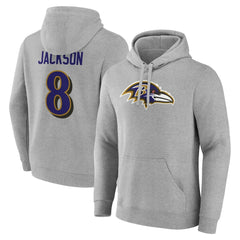 Lamar Jackson Baltimore Ravens Icon Player Name & Number Pullover Hoodie - Gray outlet