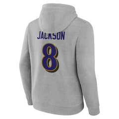 Lamar Jackson Baltimore Ravens Icon Player Name & Number Pullover Hoodie - Gray outlet