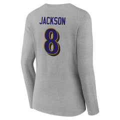 Lamar Jackson Baltimore Ravens Women's Icon Player Name & Number Long Sleeve V-Neck T-Shirt - Gray outlet