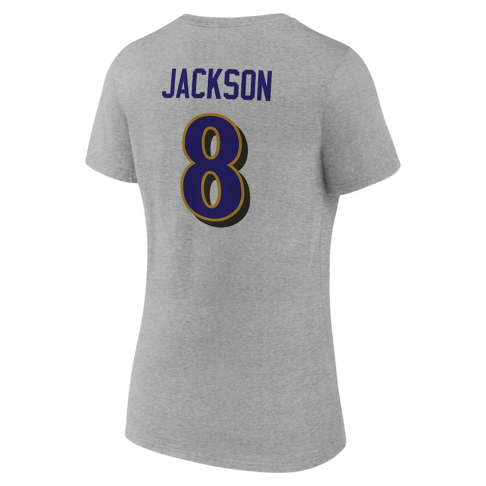 Lamar Jackson Baltimore Ravens Women's Icon Player Name & Number V-Neck T-Shirt - Gray on sale