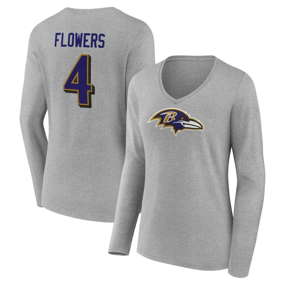 Zay Flowers Baltimore Ravens Women's Icon Player Name & Number Long Sleeve V-Neck T-Shirt - Gray discount