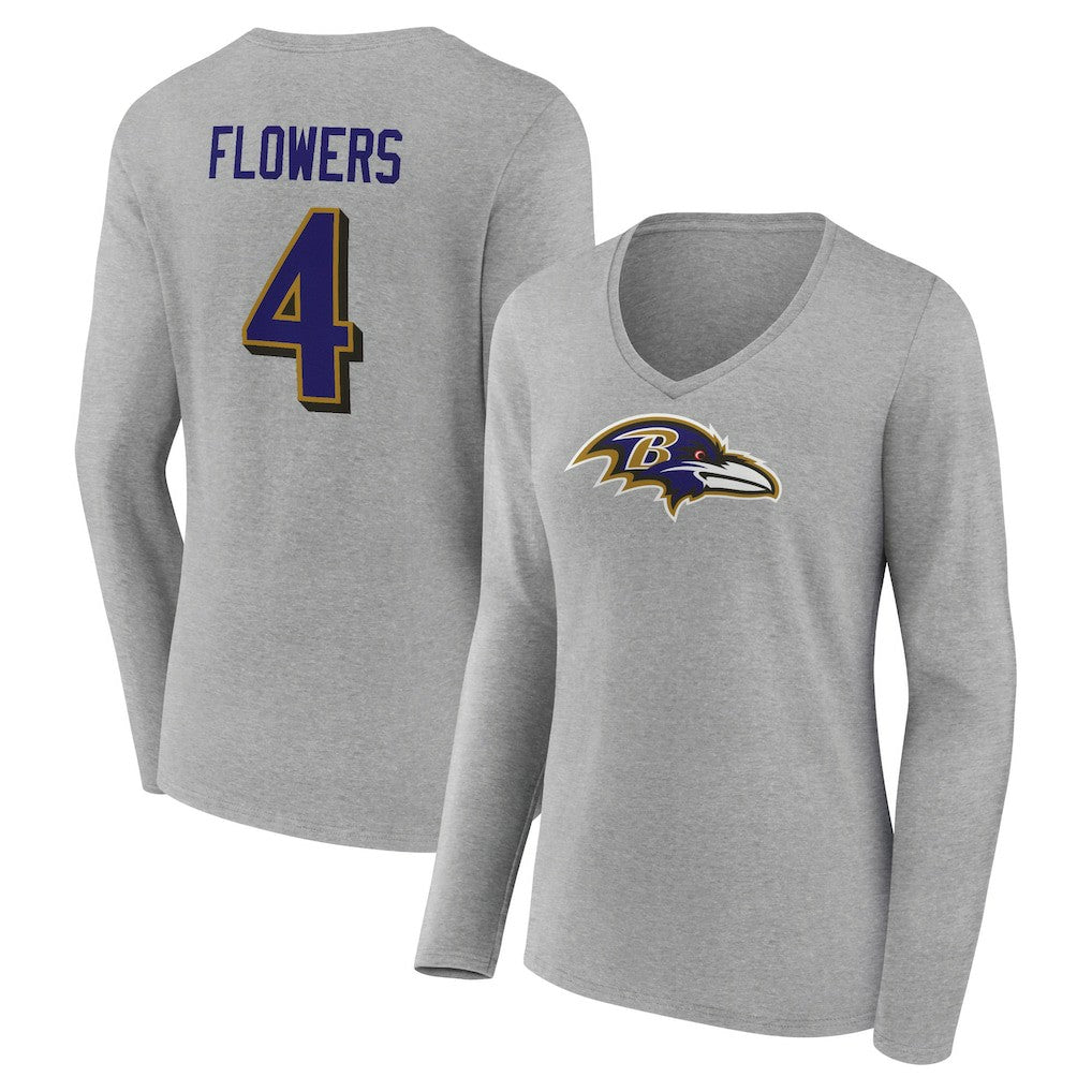 Zay Flowers Baltimore Ravens Women's Icon Player Name & Number Long Sleeve V-Neck T-Shirt - Gray discount