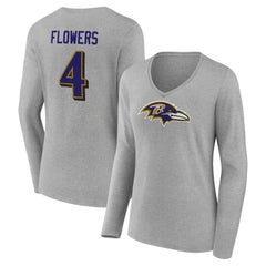 Zay Flowers Baltimore Ravens Women's Icon Player Name & Number Long Sleeve V-Neck T-Shirt - Gray discount