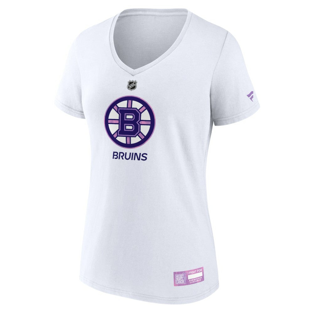 Boston Bruins Fanatics Women's 2024 Hockey Fights Cancer V-Neck T-Shirt White