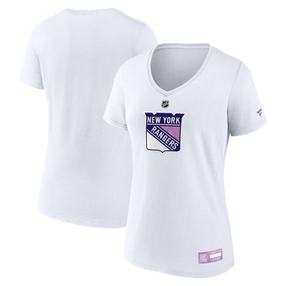 New York Rangers Fanatics Women's 2024 Hockey Fights Cancer V-Neck T-Shirt White