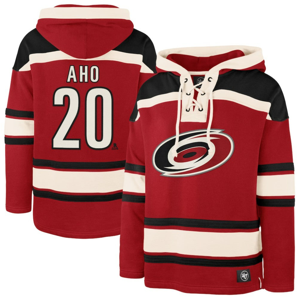 Sebastian Aho Carolina Hurricanes '47 Player Name & Number Lacer Pullover Hoodie Red
