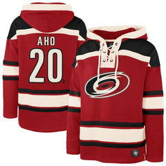 Sebastian Aho Carolina Hurricanes '47 Player Name & Number Lacer Pullover Hoodie Red