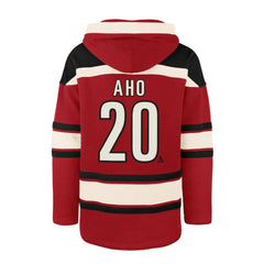 Sebastian Aho Carolina Hurricanes '47 Player Name & Number Lacer Pullover Hoodie Red