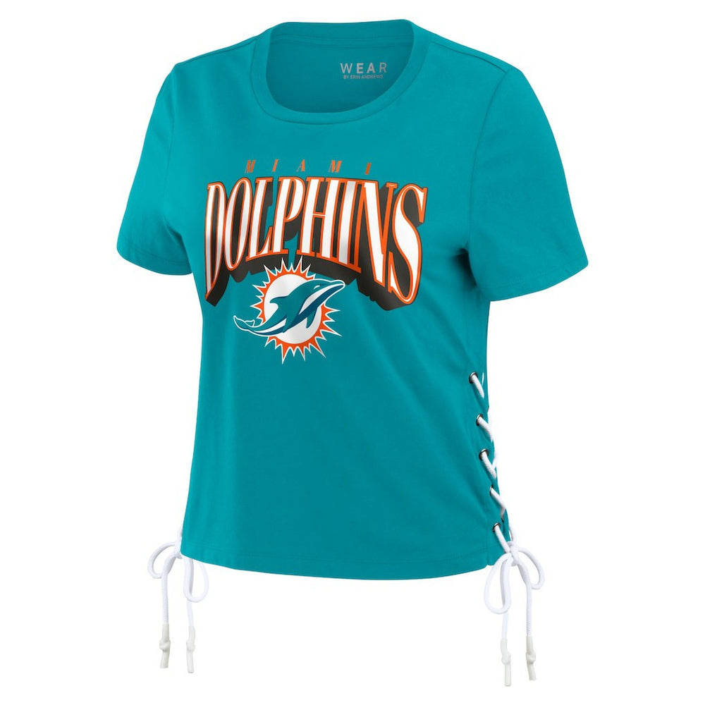 Miami Dolphins WEAR by Erin Andrews Women's Lace Up Side Modest Cropped T-Shirt - Aqua cheap