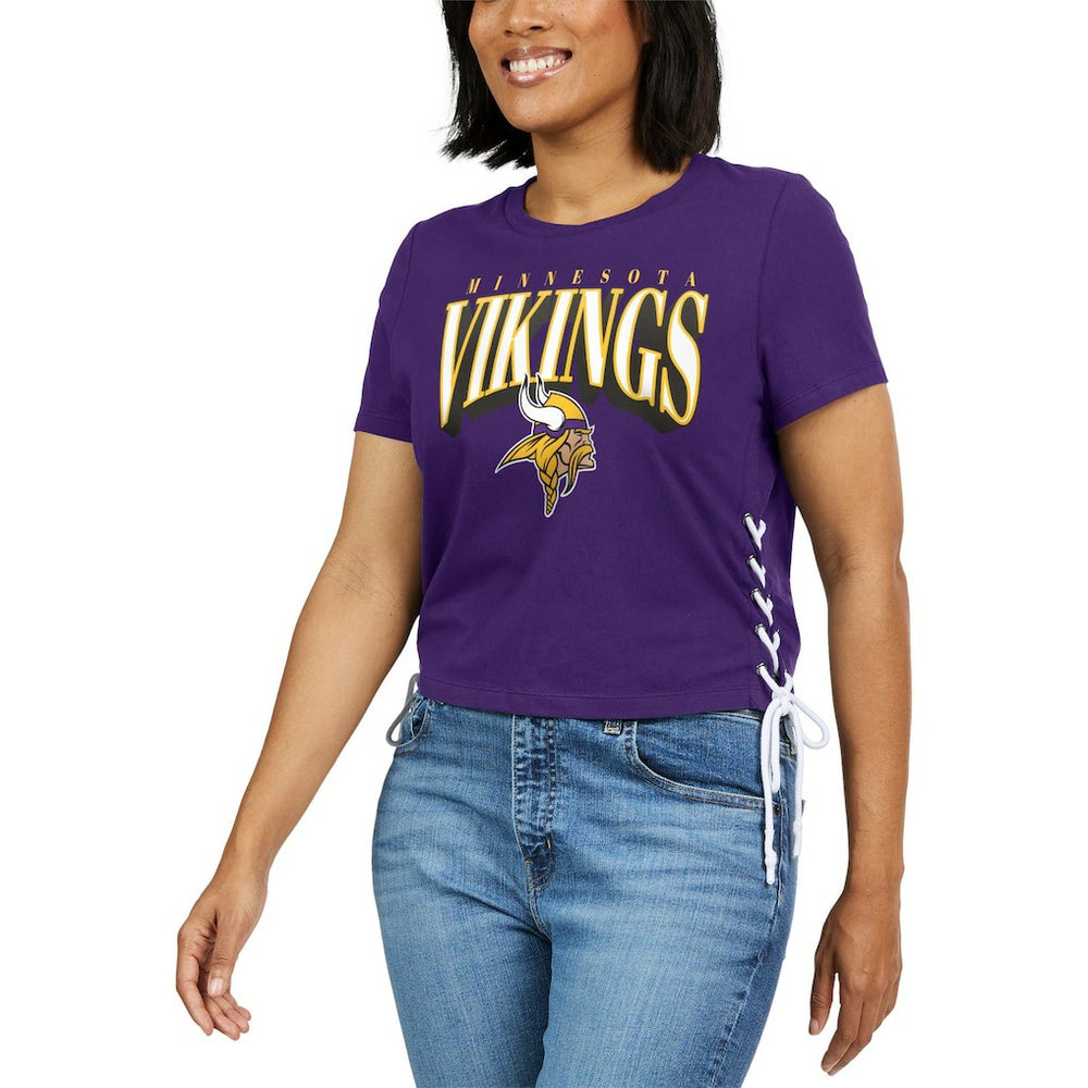 Minnesota Vikings WEAR by Erin Andrews Women's Lace Up Side Modest Cropped T-Shirt - Purple sale