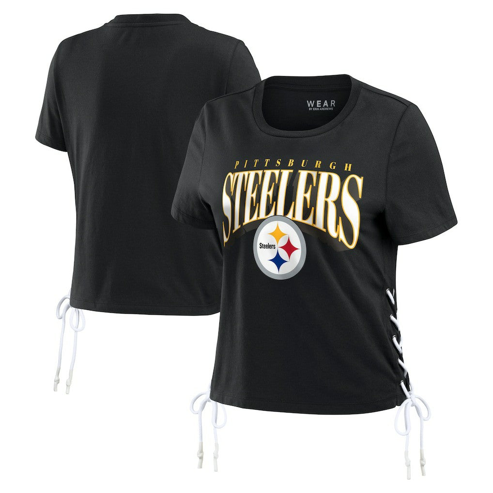 Pittsburgh Steelers WEAR by Erin Andrews Women's Lace Up Side Modest Cropped T-Shirt - Black sale